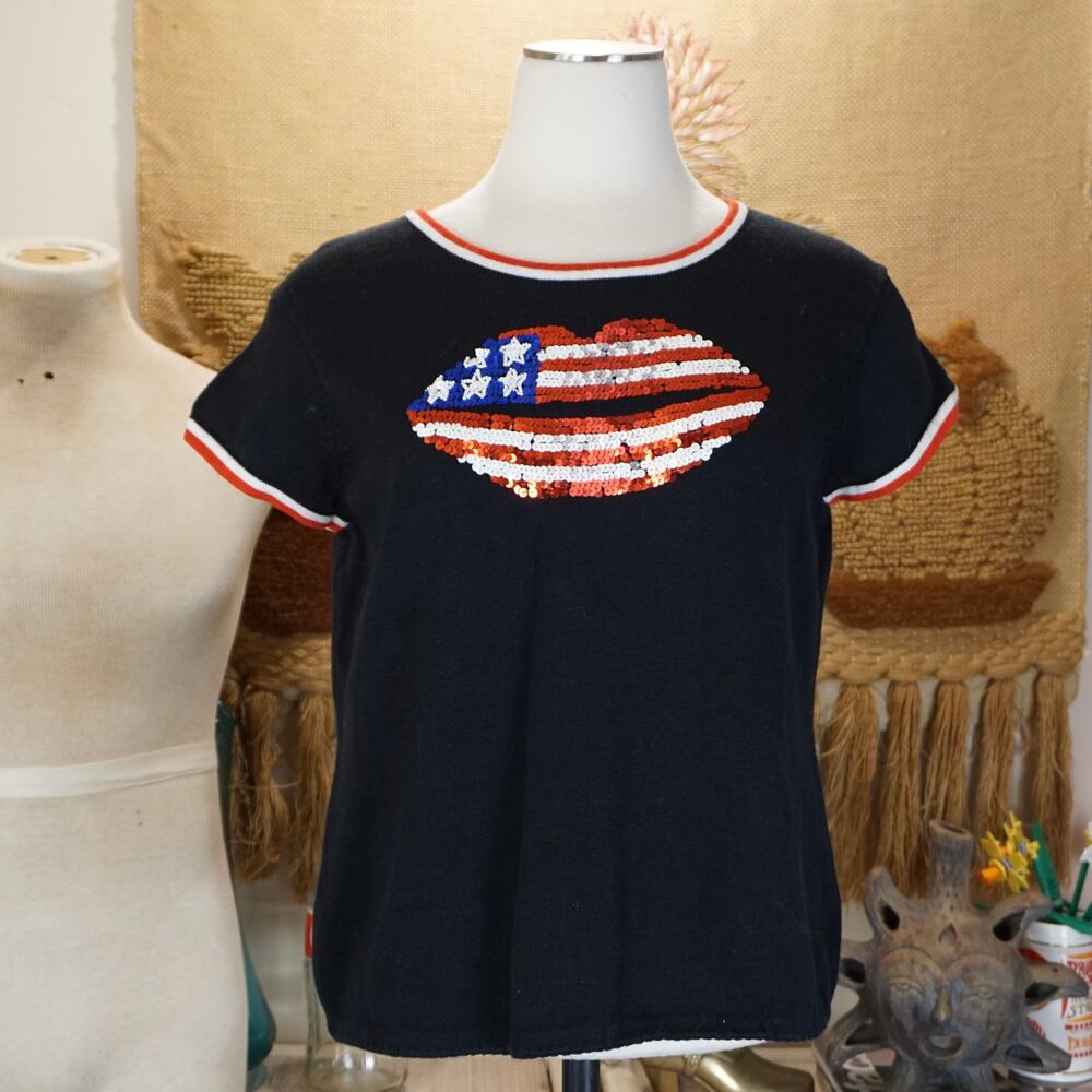Y2k Michael Simon sequin usa flag lips sweater knit top